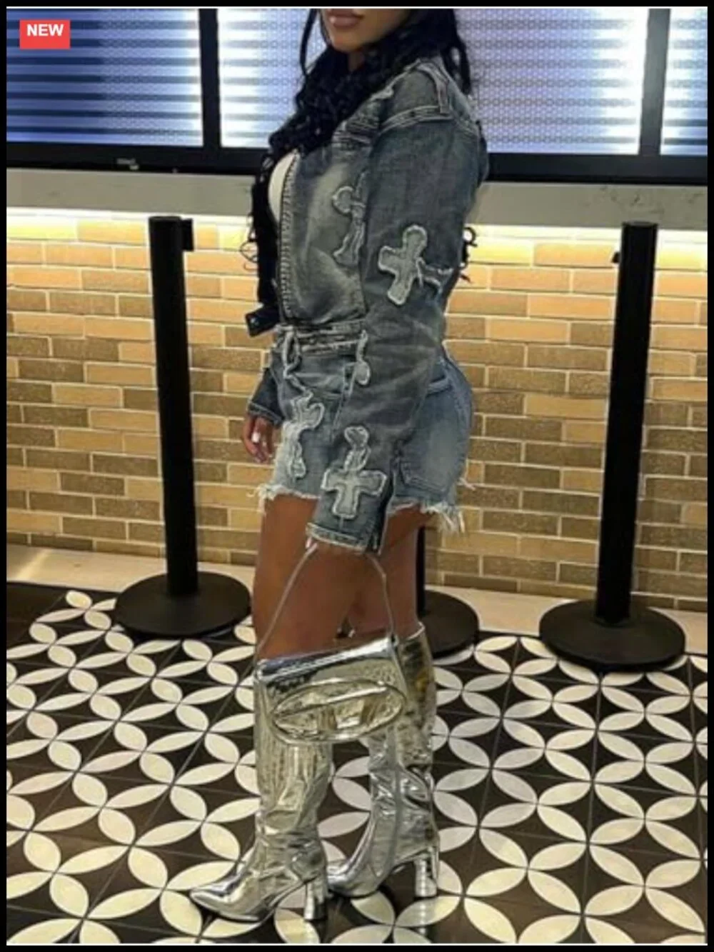 2 Piece Denim Outfits Zipper Cropped Jacket Skinny Jean Shorts Set